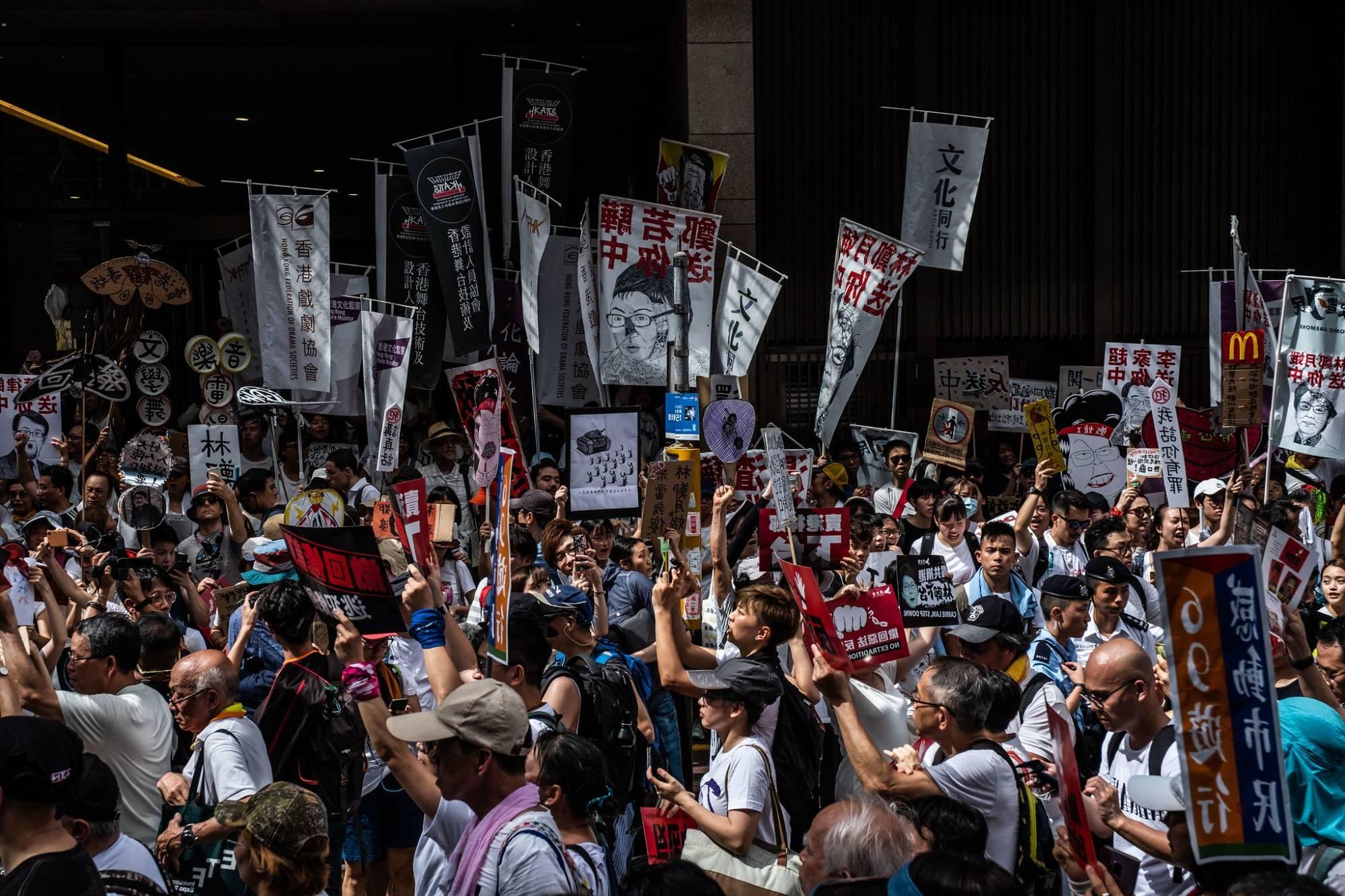 A crowd participating in a protest in Hong Kong